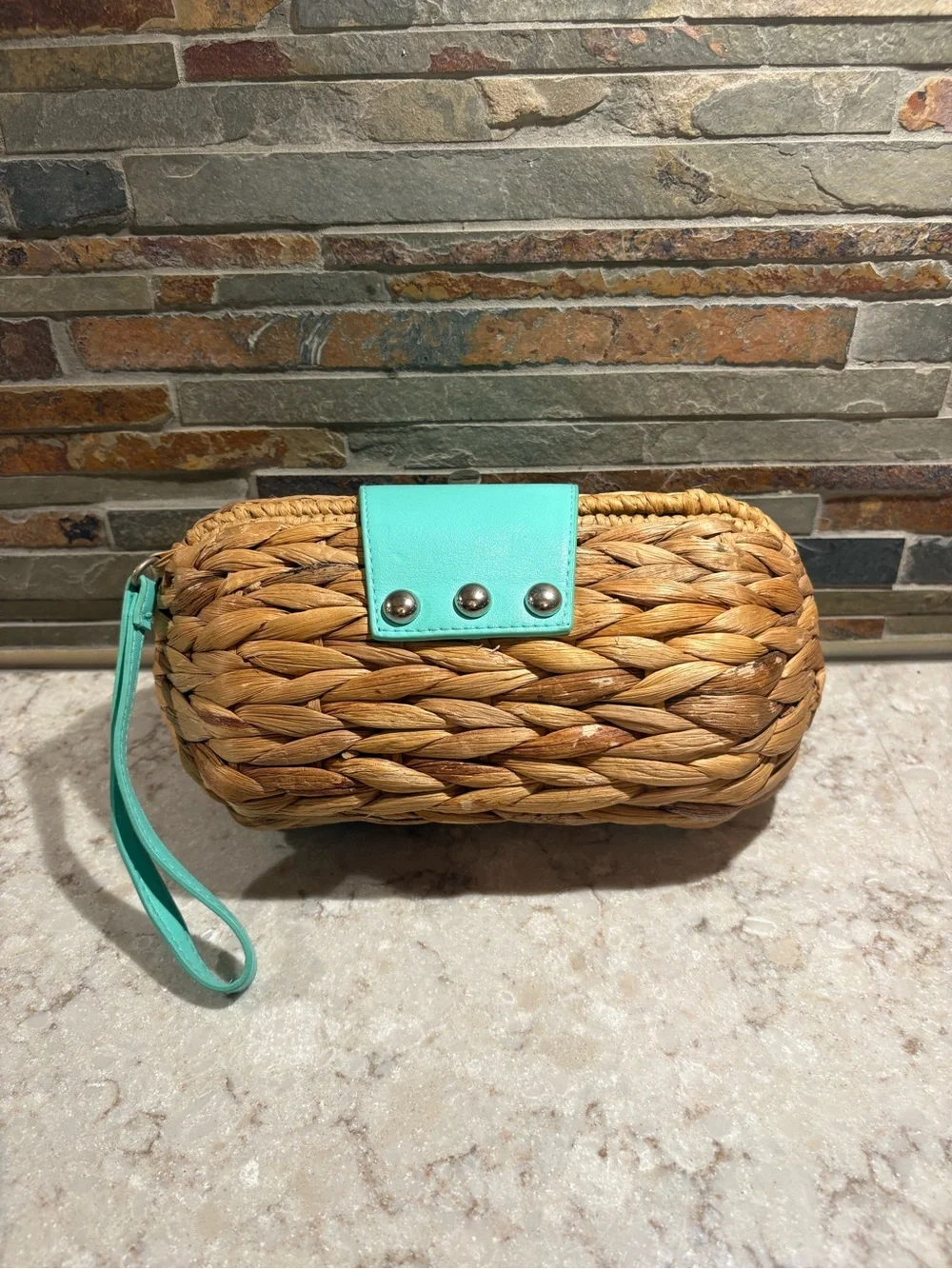 Woven Straw Wristlet with Mint Leather Trim